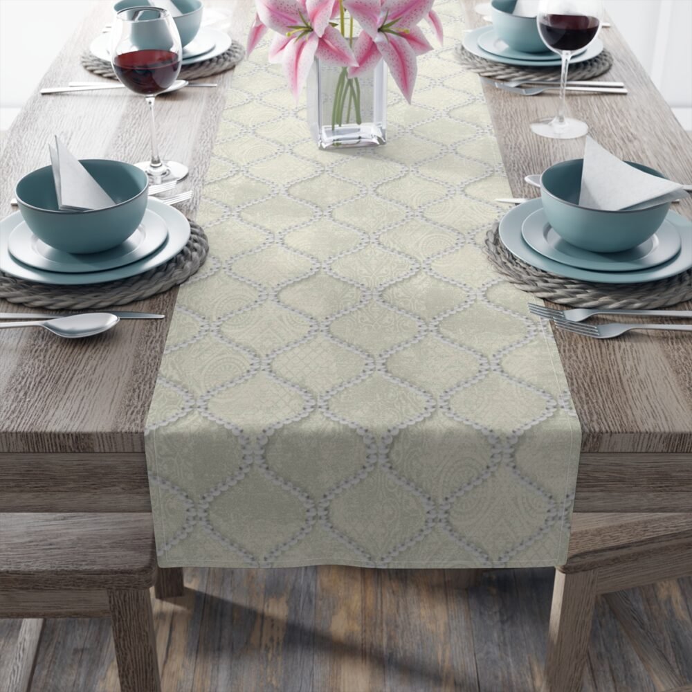 Printed Wavy Line Pearls Beige Dining Table Runners - Image 10