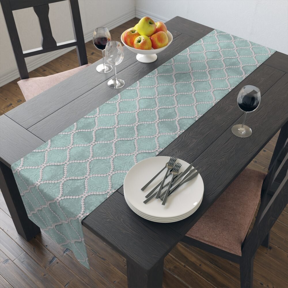 Mint Blue Wavy Line Pearls 4, 6 Seater Dining Table Runners - Image 9