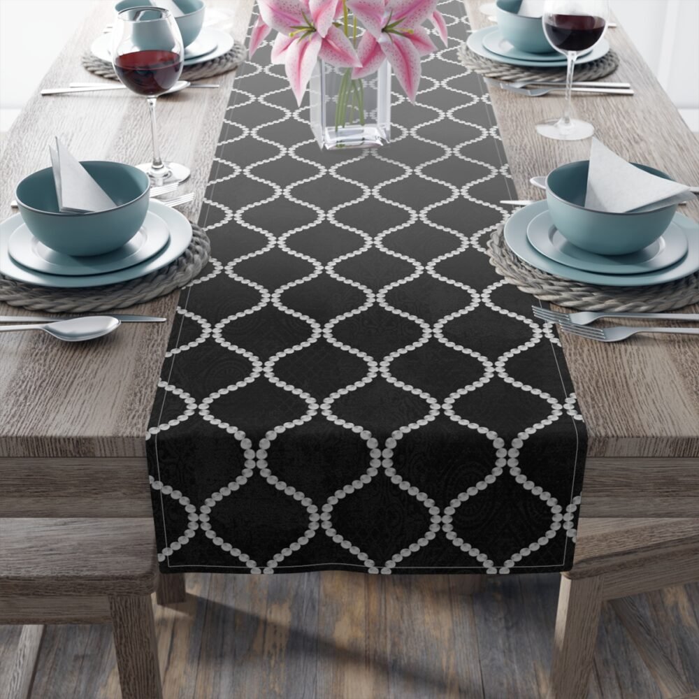 Abstract Wavy Line Pearls Black Dining Table Runners - Image 10