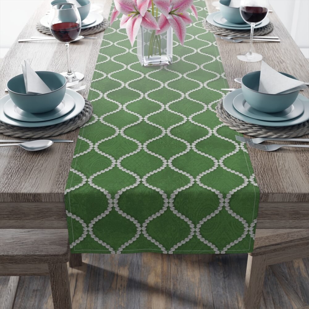 Abstract Wavy Line Pearls Dark Green Dining Table Runners - Image 10