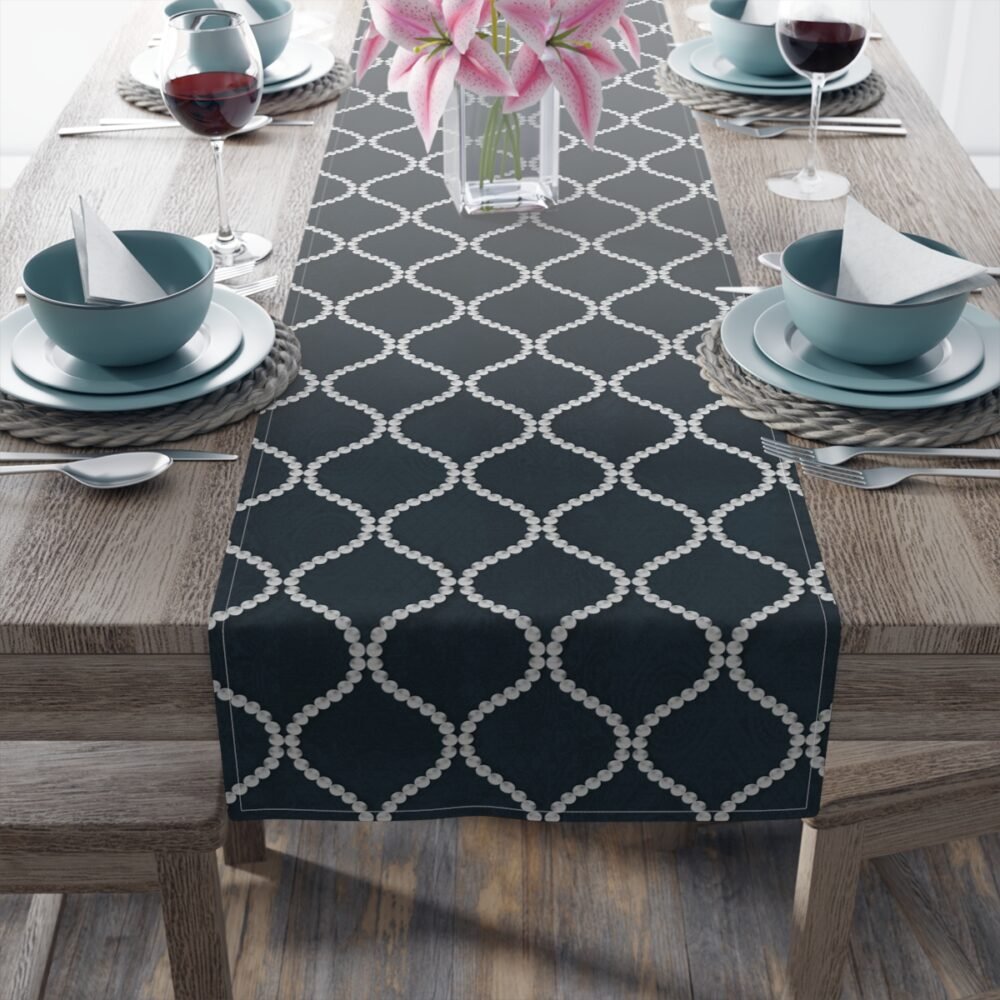Abstract Wavy Line Pearls Navy Blue Table Runners - Image 10