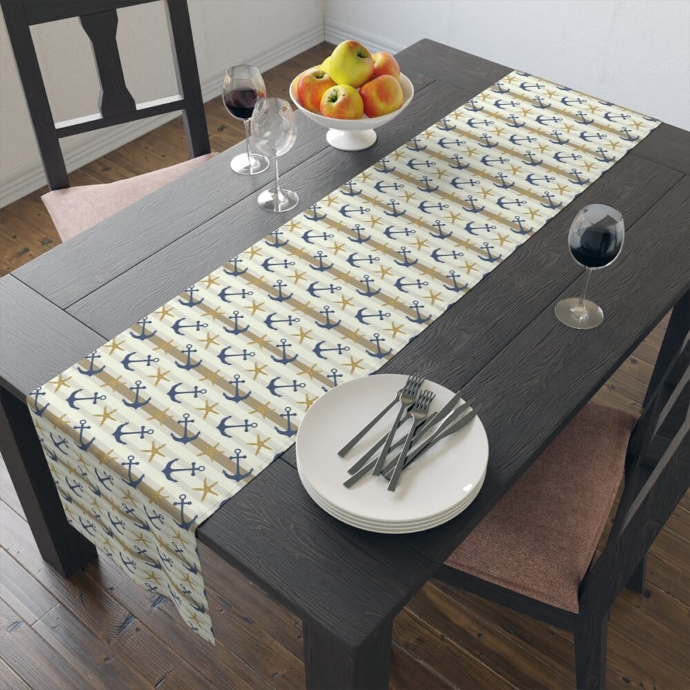 Nautical Anchor and Starfish Print on White Table Runners - Image 9