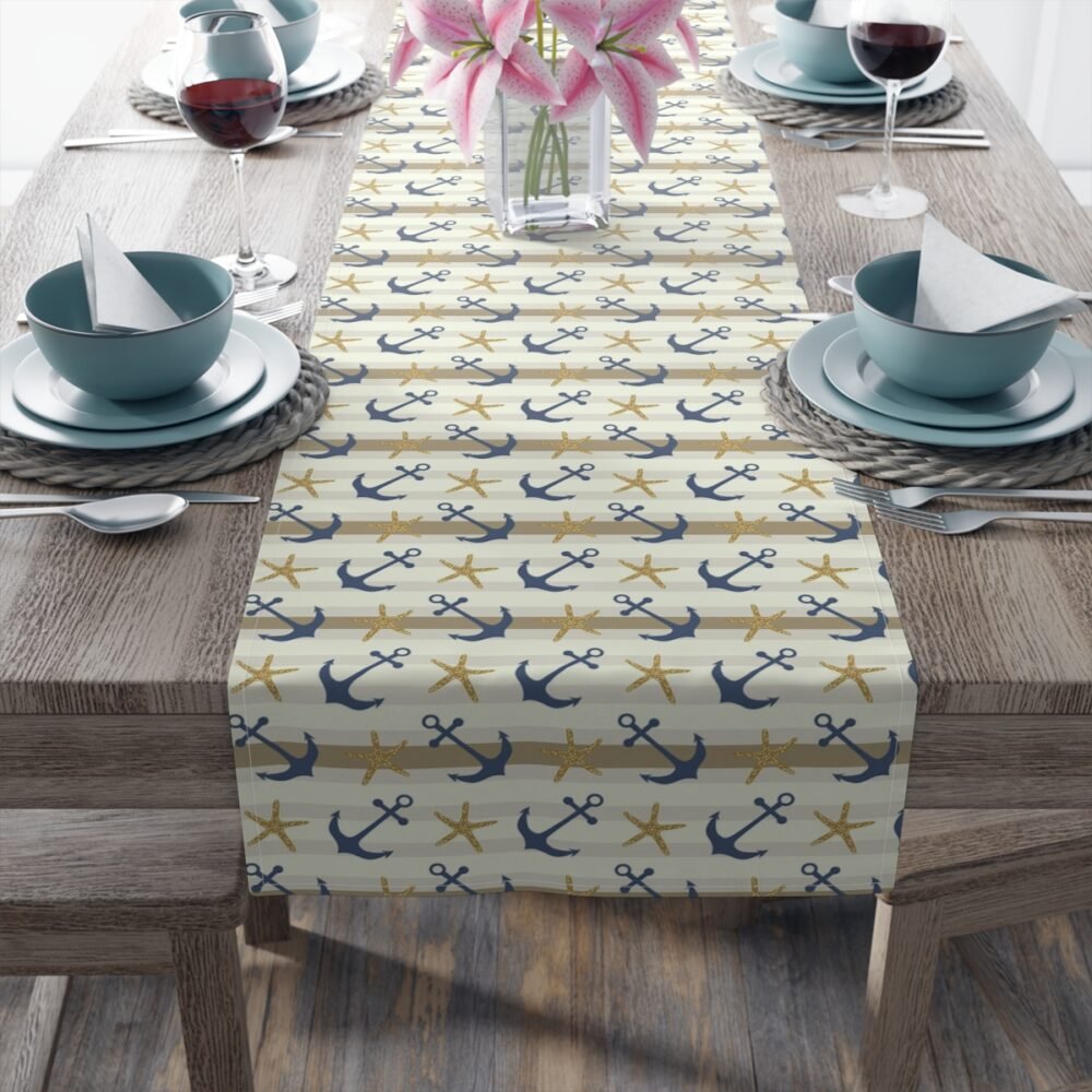 Nautical Anchor and Starfish Print on White Table Runners - Image 10