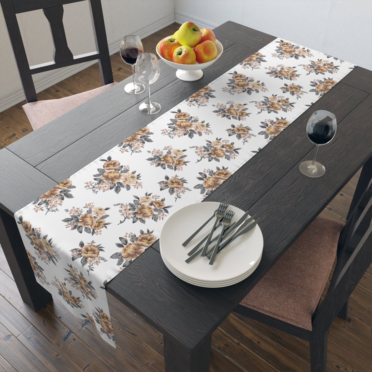 Brown Flower Print on White 4, 6 Seaters Table Runners - Image 9