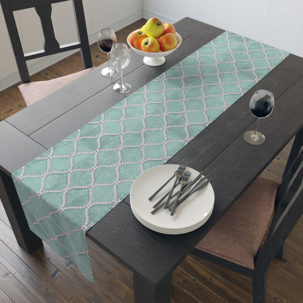 Mint Blue Wavy Line Pearls 4, 6 Seater Dining Table Runners - Image 14