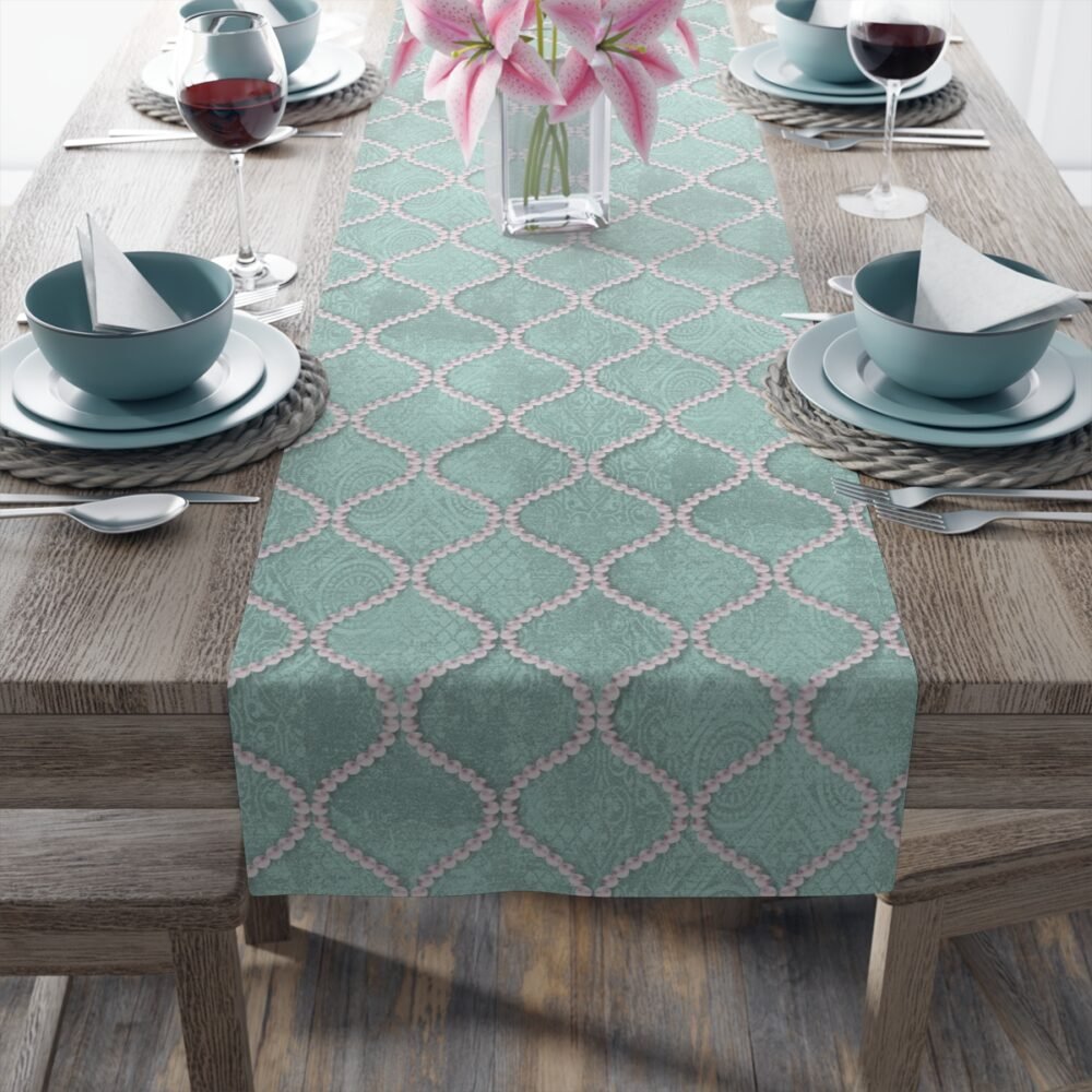 Mint Blue Wavy Line Pearls 4, 6 Seater Dining Table Runners - Image 15
