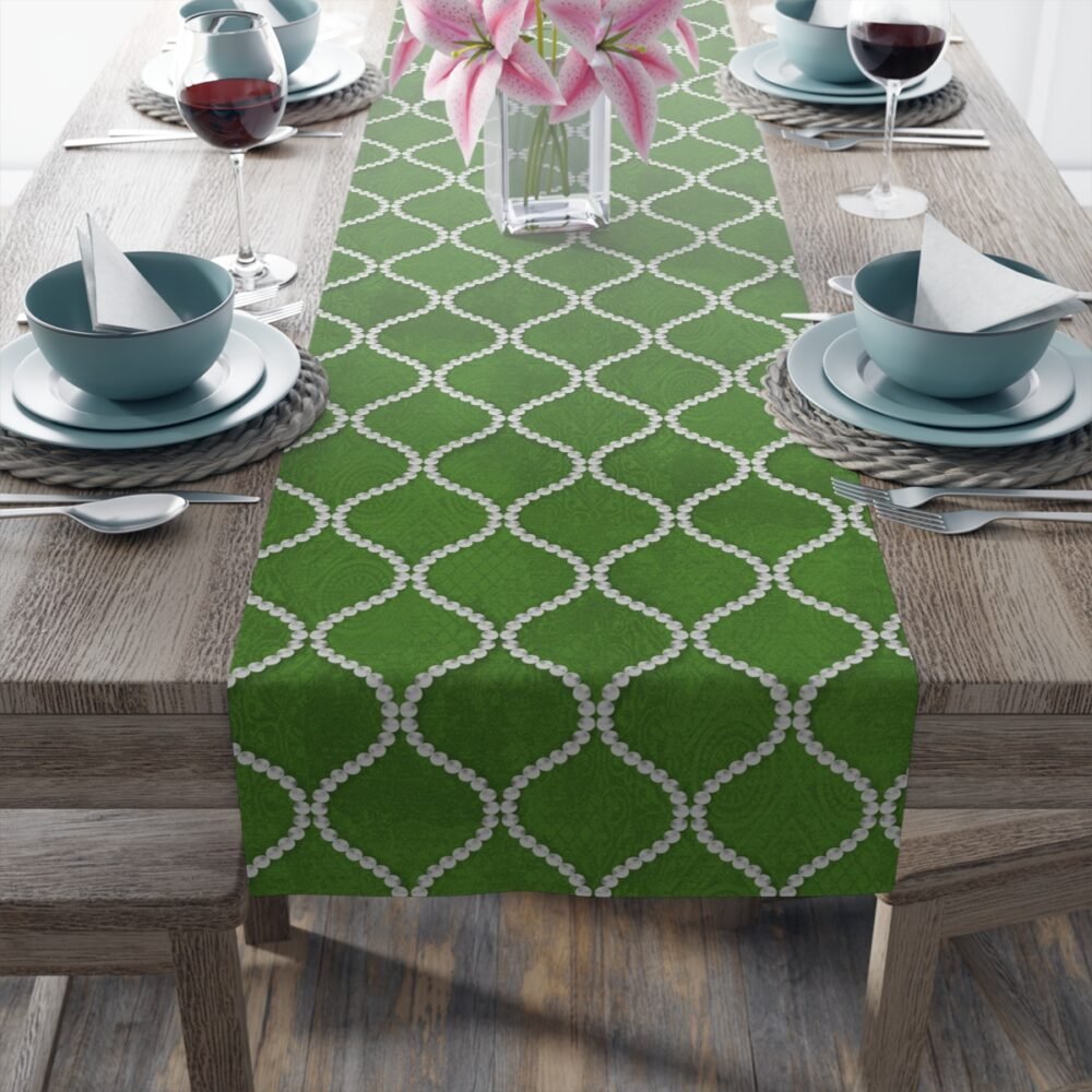 Abstract Wavy Line Pearls Dark Green Dining Table Runners - Image 15