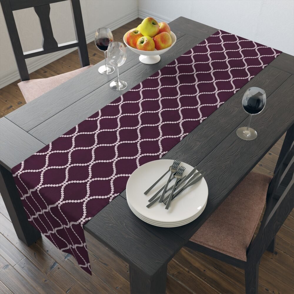 Printed Wavy Line Pearls Dark Purple Dining Table Runners - Image 14