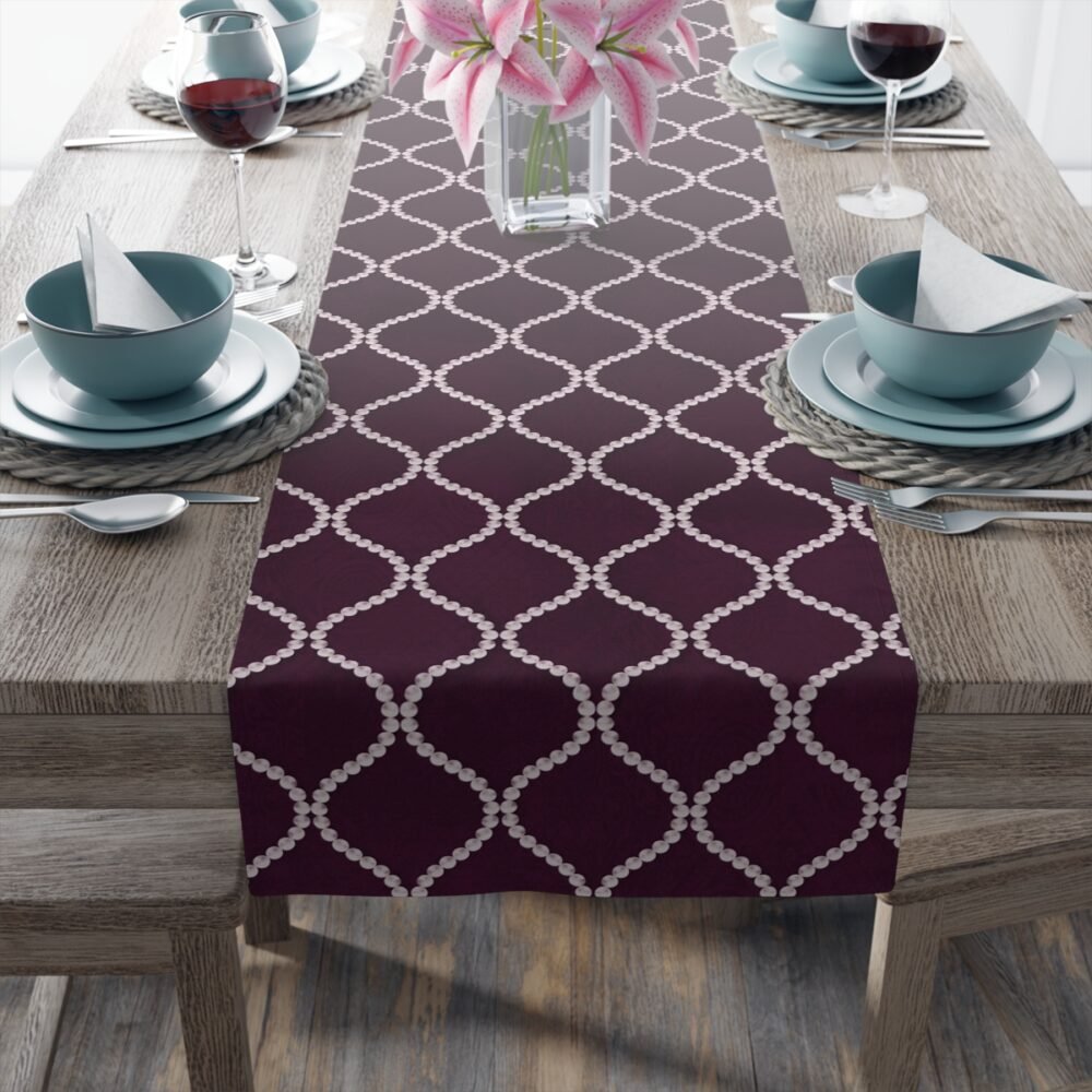 Printed Wavy Line Pearls Dark Purple Dining Table Runners - Image 15