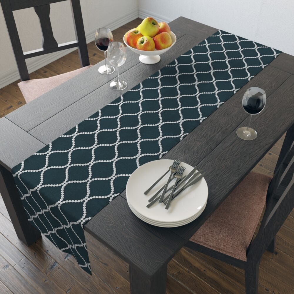 Abstract Wavy Line Pearls Navy Blue Table Runners - Image 14