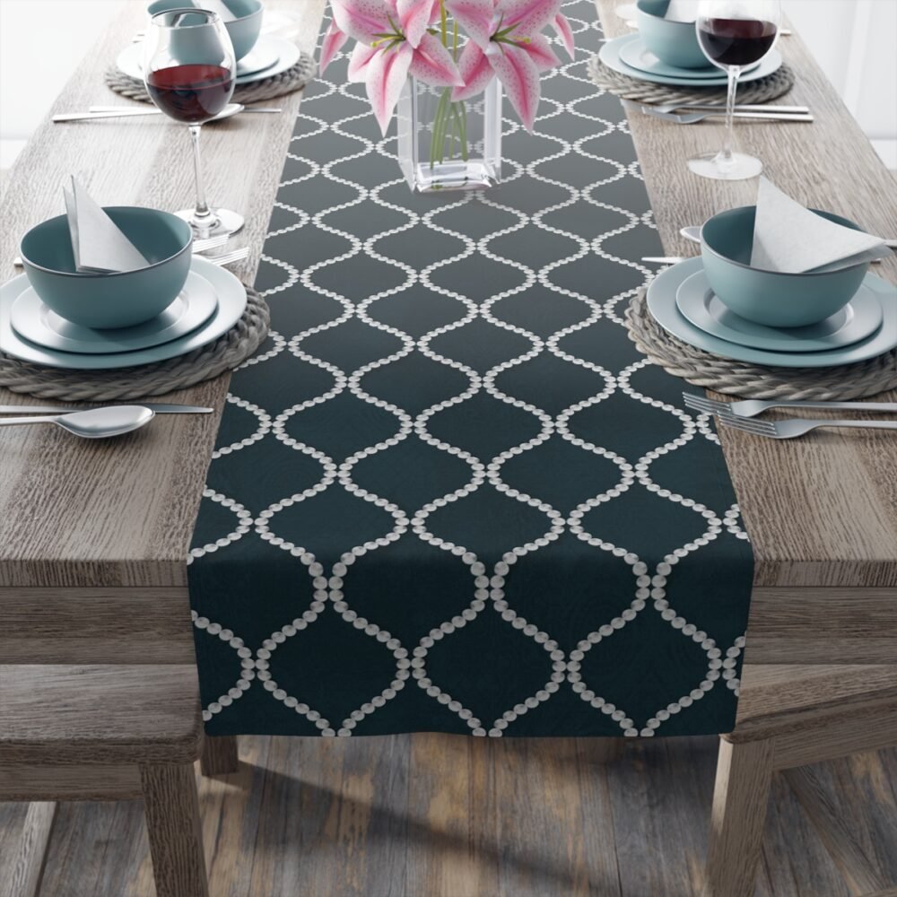 Abstract Wavy Line Pearls Navy Blue Table Runners - Image 15