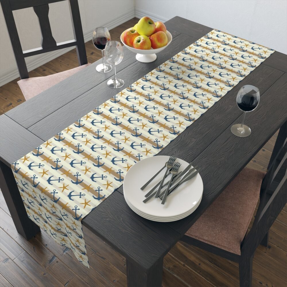Nautical Anchor and Starfish Print on White Table Runners - Image 14