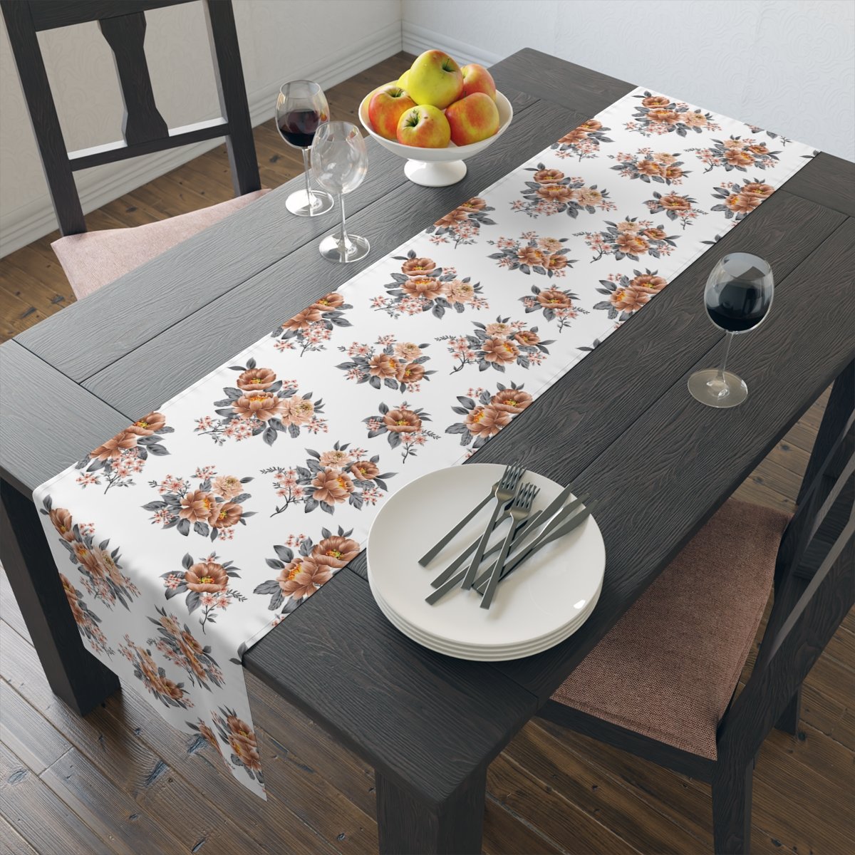 Brown Flower Print on White 4, 6 Seaters Table Runners - Image 14