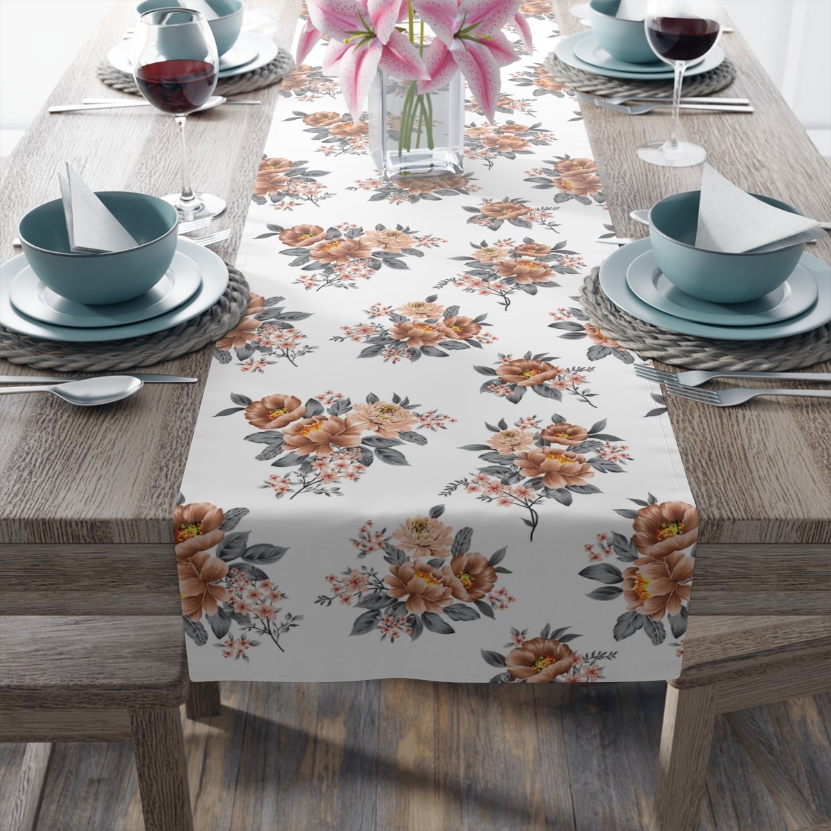 Brown Flower Print on White 4, 6 Seaters Table Runners - Image 15