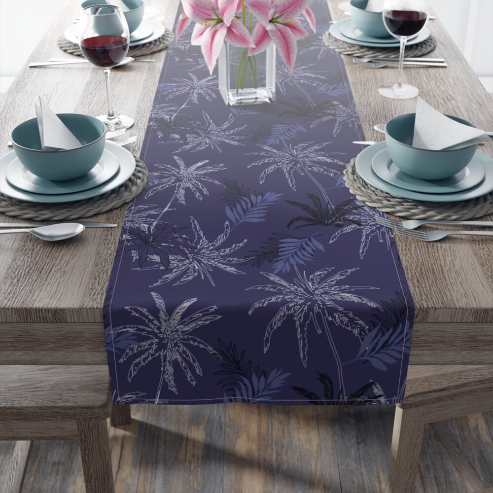 Monotone Blue Tropical jungle Palm Leaves Table Runners - Image 4