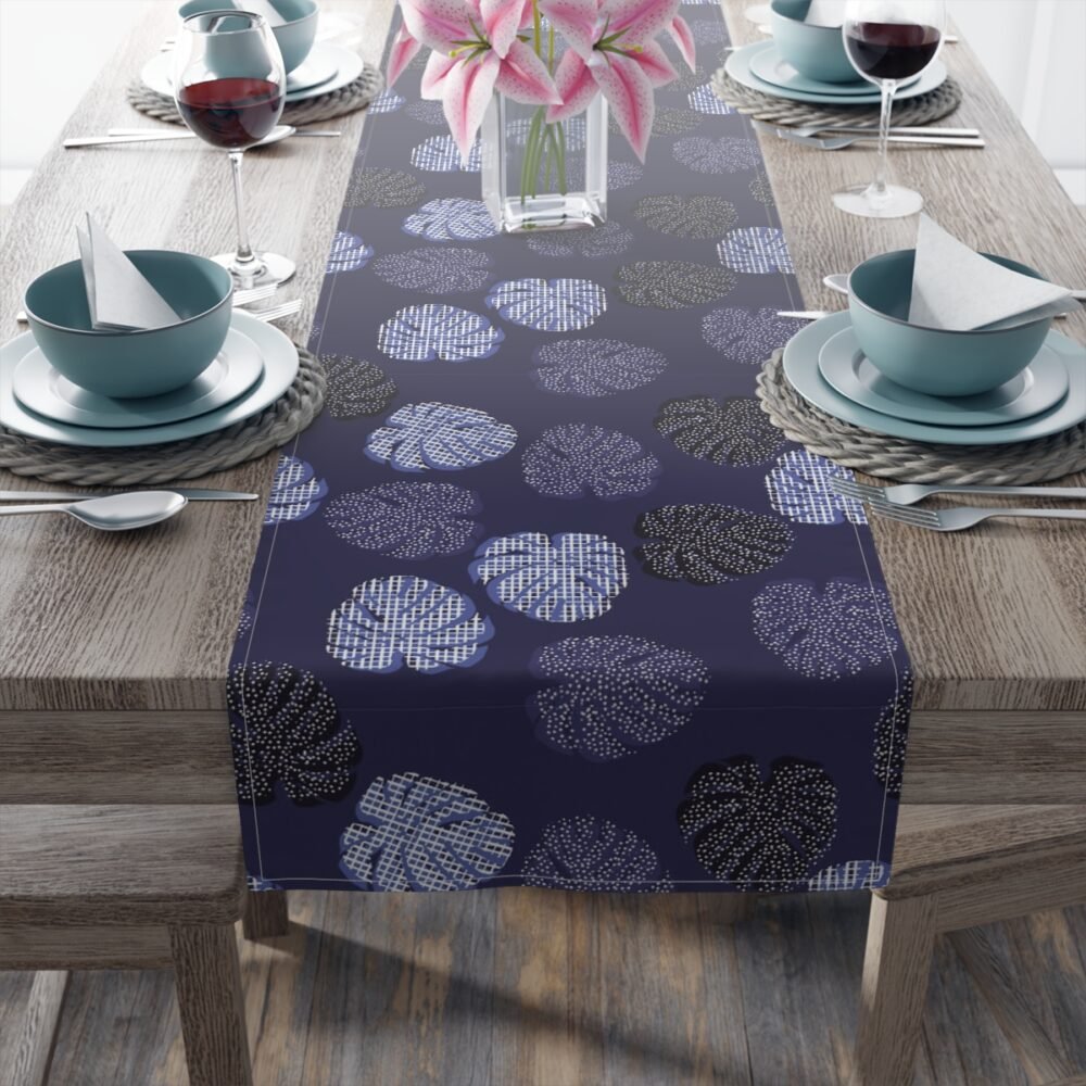 Monstera Tropical Leaves Print on Blue Dining Room Table Runners - Image 4