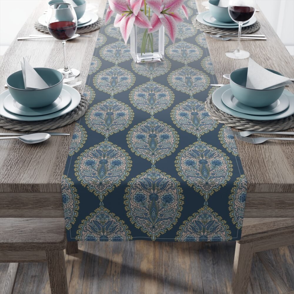 Decorative Teal Gold Paisley Damask Pattern Table Runners - Image 4