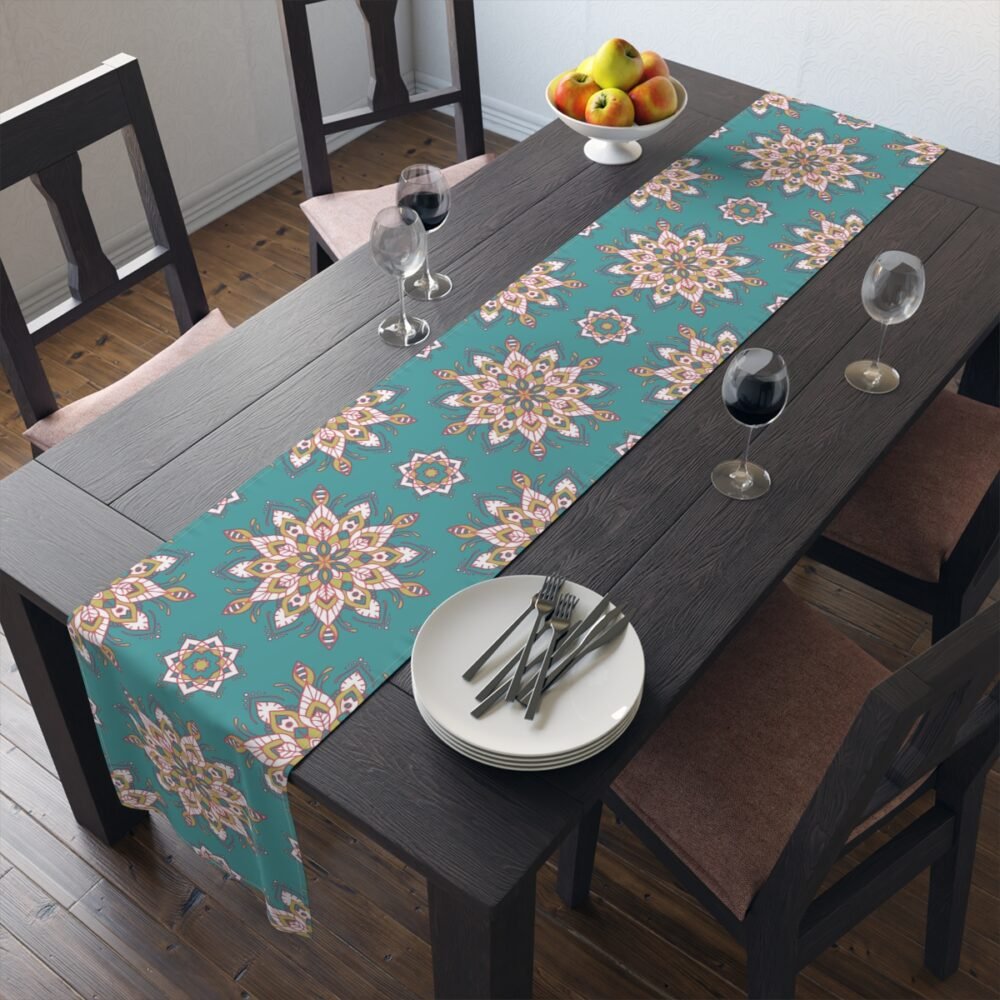 Mandala Flower Pattern on Teal Gold Table Runners