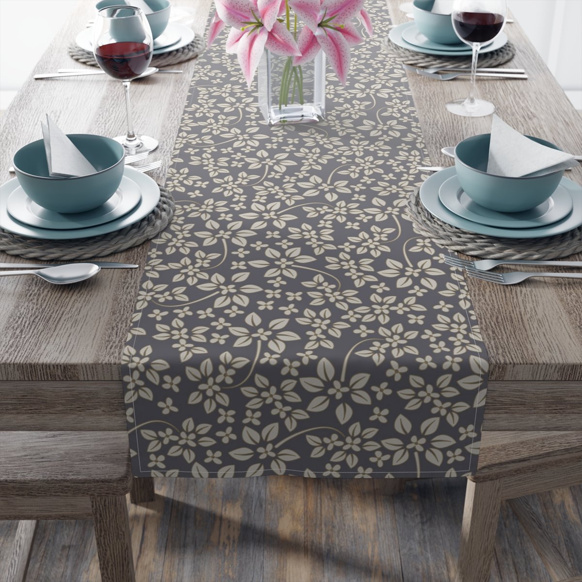 Ivory Floral and Dark Gray 72 and 90 Inch Long Table Runners - Image 4