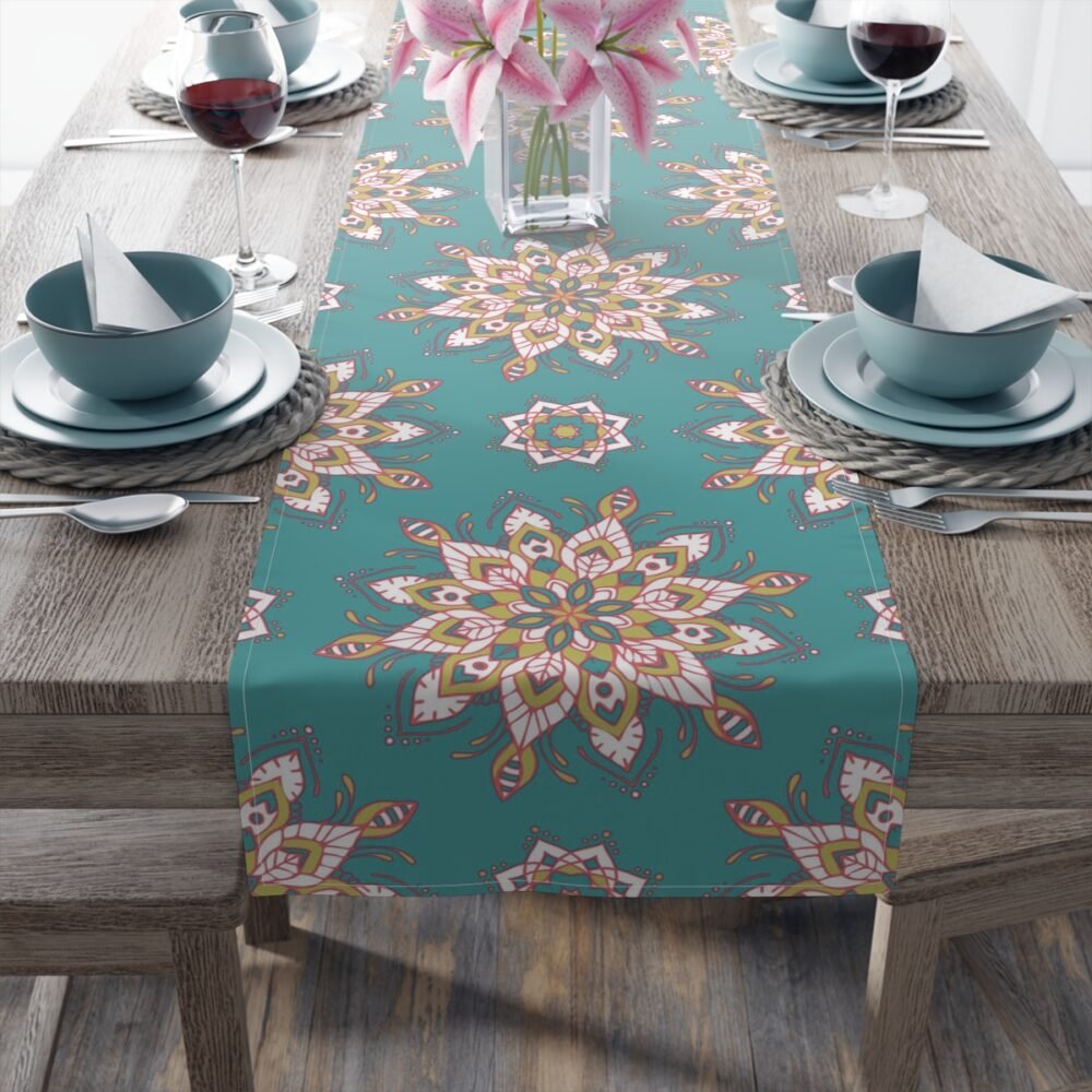 Mandala Flower Pattern on Teal Gold Table Runners - Image 4