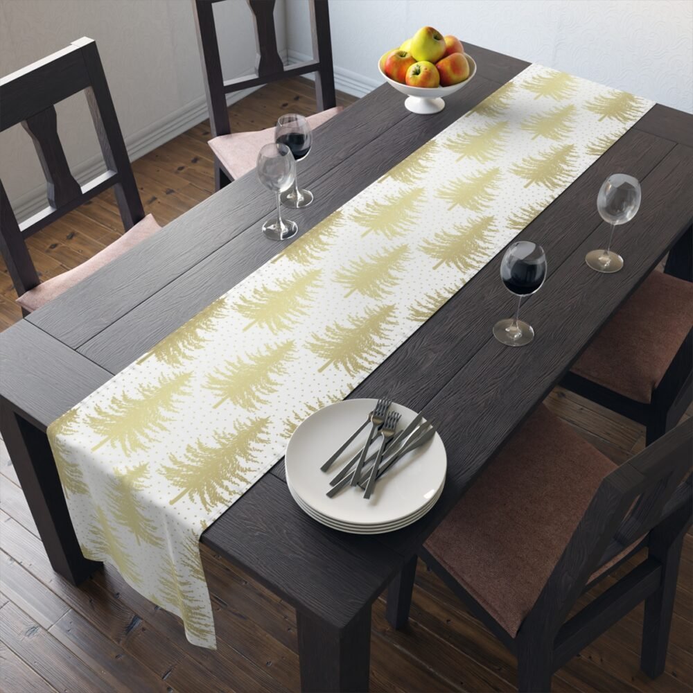 Noel Gold Firs Tree on White Christmas Holiday Table Runners