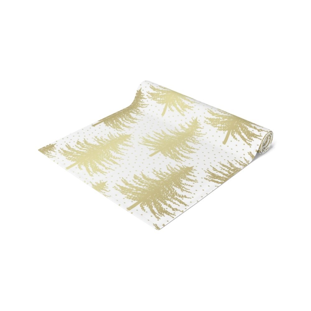 Noel Gold Firs Tree on White Christmas Holiday Table Runners - Image 2