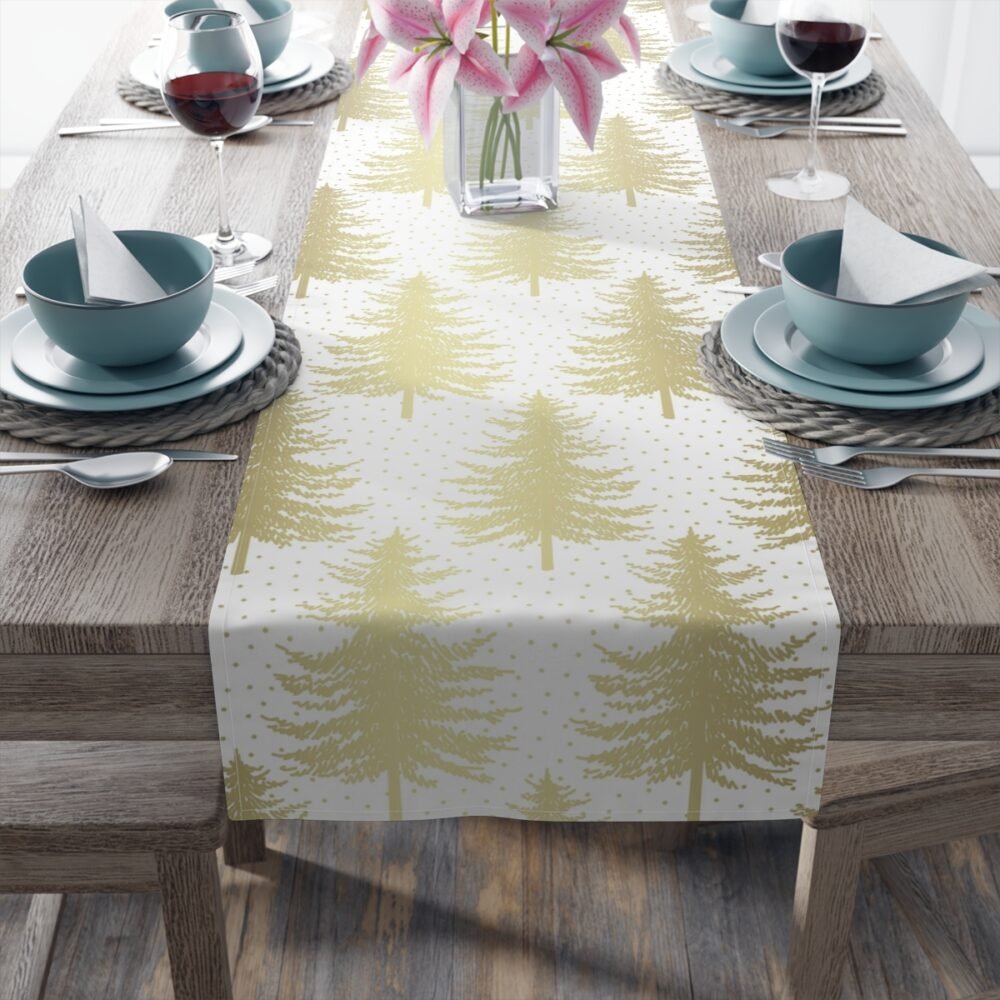 Noel Gold Firs Tree on White Christmas Holiday Table Runners - Image 4