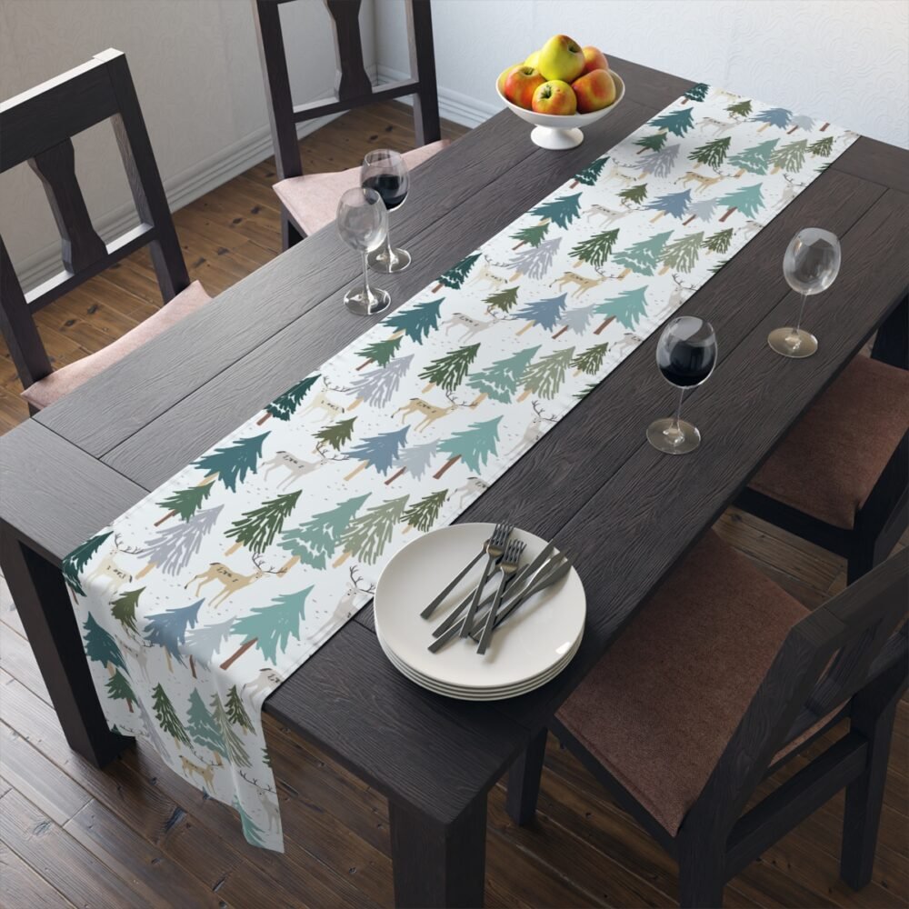 Cute Woodland Animal n Xmas Tree on White Holiday Table Runners