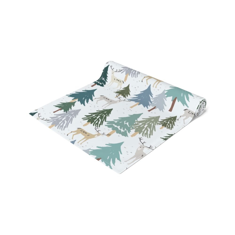 Cute Woodland Animal n Xmas Tree on White Holiday Table Runners - Image 2