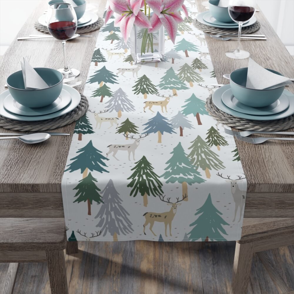 Cute Woodland Animal n Xmas Tree on White Holiday Table Runners - Image 4
