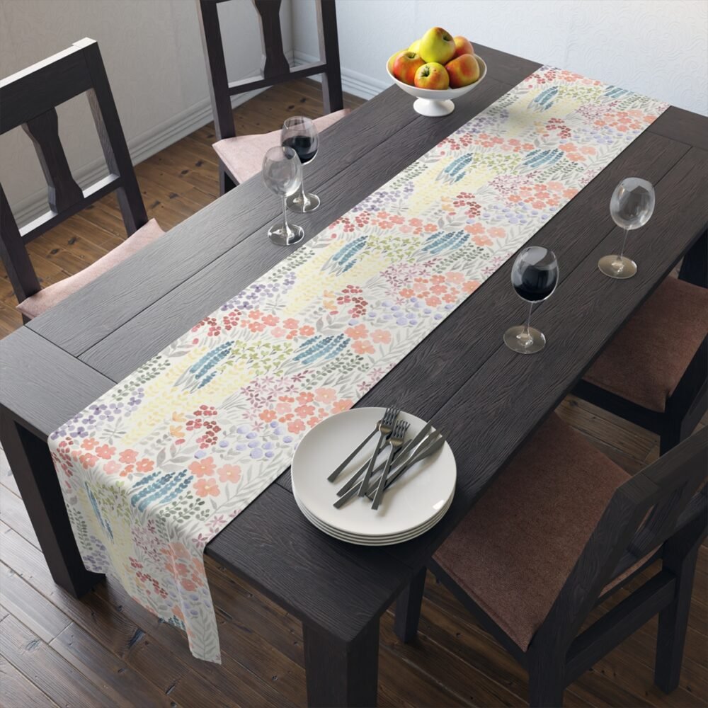 Stylish Meadow Flowers Print on Ivory Cotton Table Runners