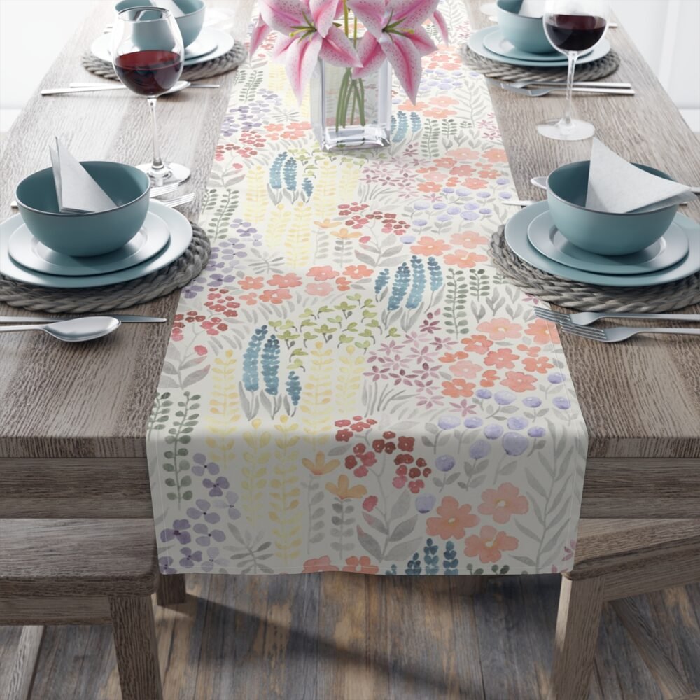 Stylish Meadow Flowers Print on Ivory Cotton Table Runners - Image 4