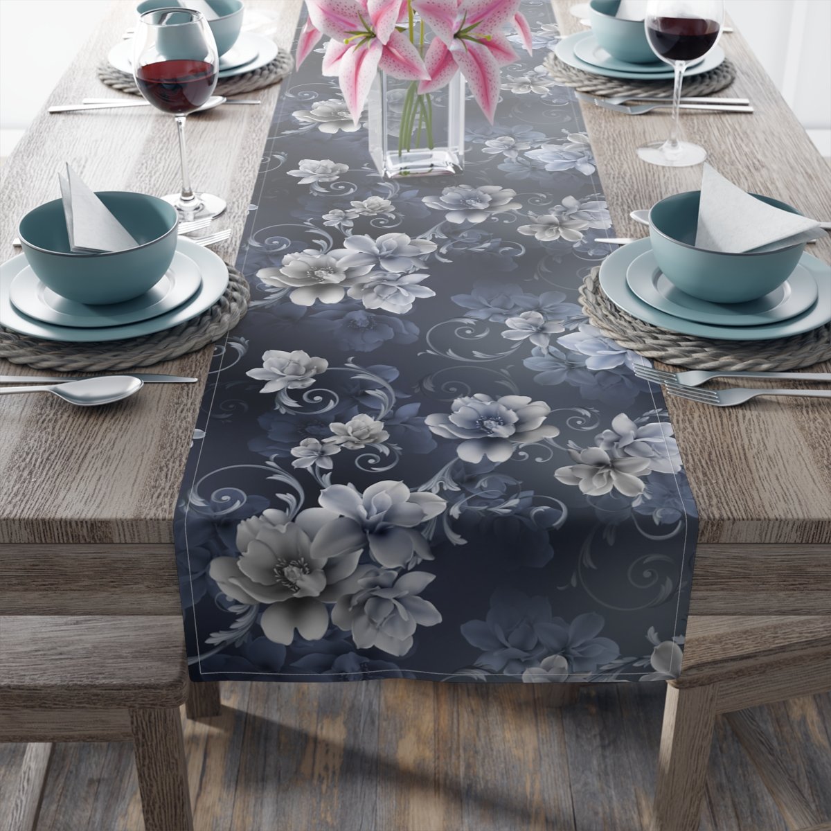 Decorative Blue n Silver Floral Printed Cotton Table Runners - Image 4