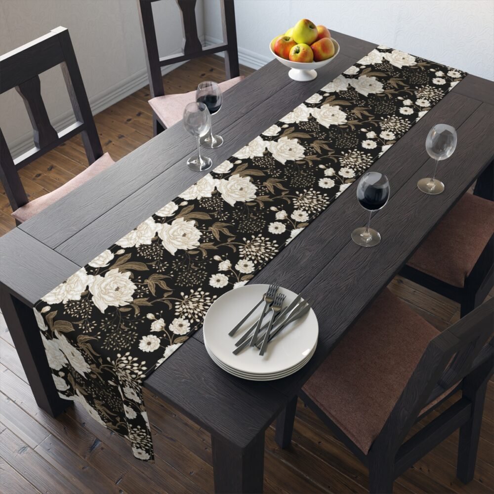 Floral Gold and White Peonies and Roses Oriental Style Table Runners