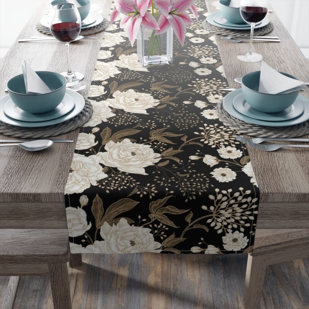 Floral Gold and White Peonies and Roses Oriental Style Table Runners - Image 5