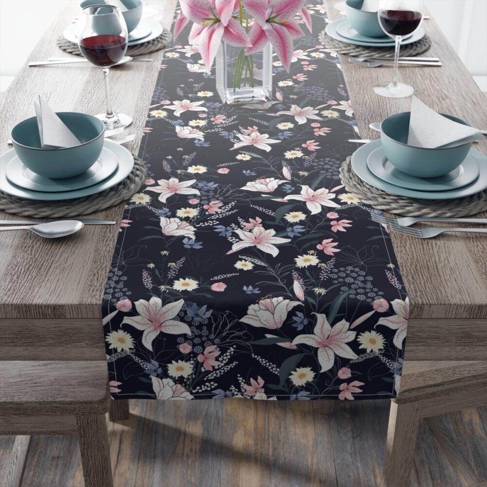 Trendy Floral Tropical Botanical Motifs Navy Blue Table Runners - Image 4