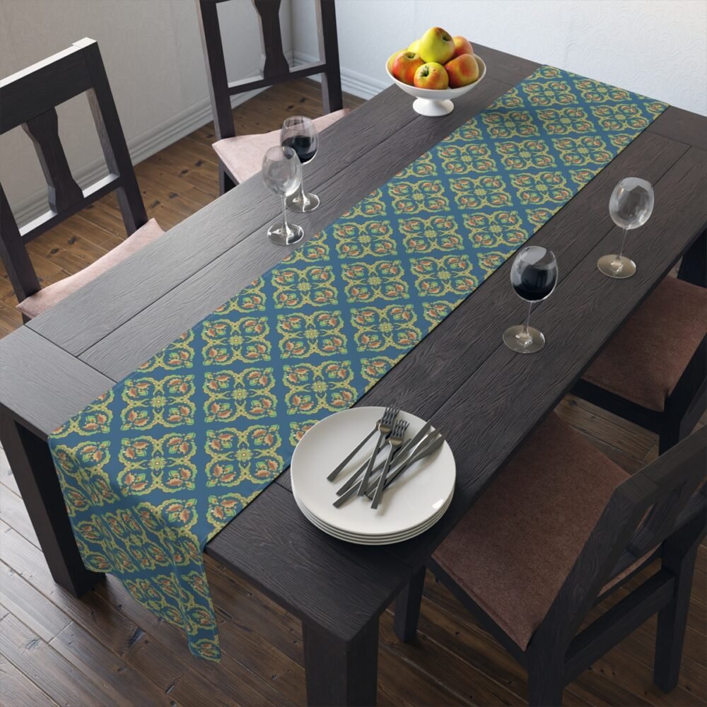 Traditional Floral Artwork On Teal Table Runners for Dining Room