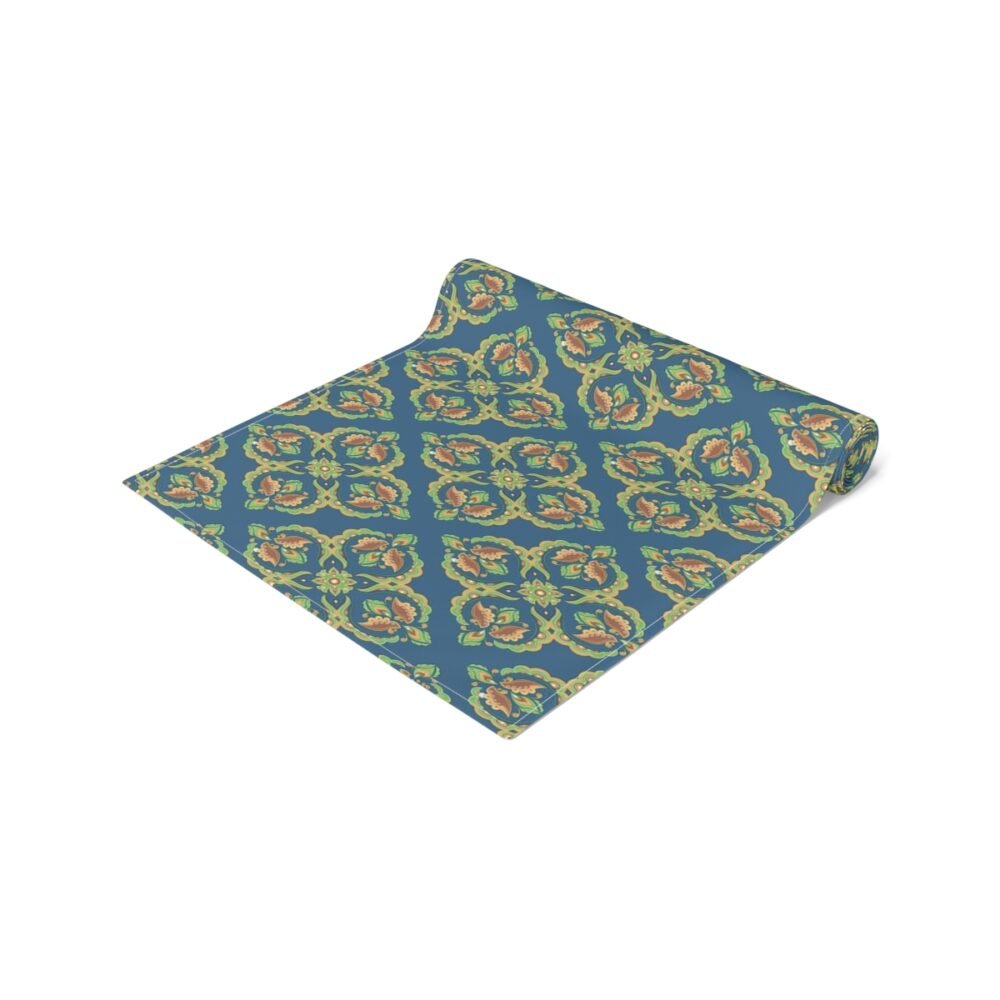 Traditional Floral Artwork On Teal Table Runners for Dining Room - Image 2