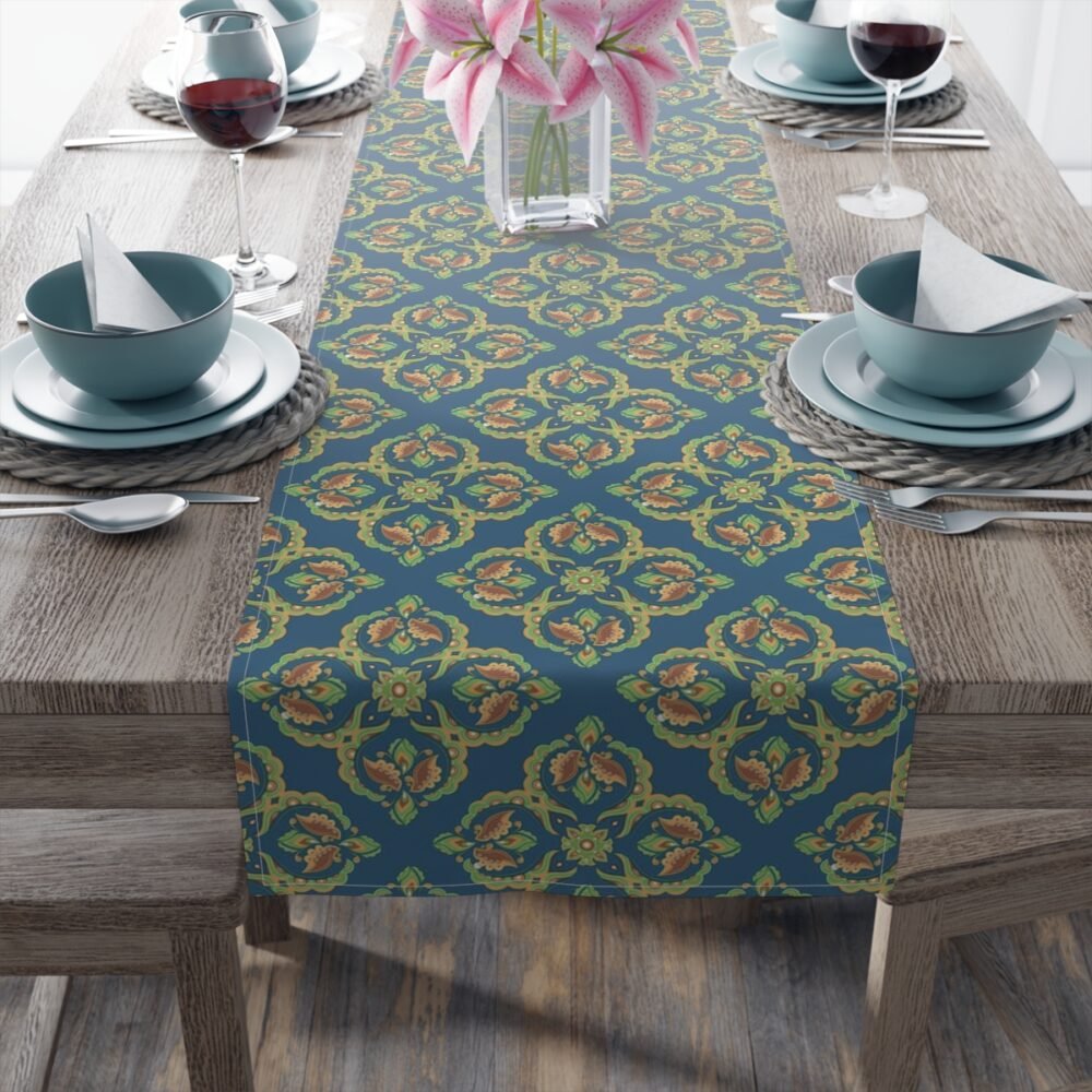 Traditional Floral Artwork On Teal Table Runners for Dining Room - Image 4