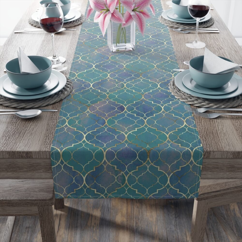 Turquoise Gold Moroccan Print Table Runners for Glass Table - Image 4