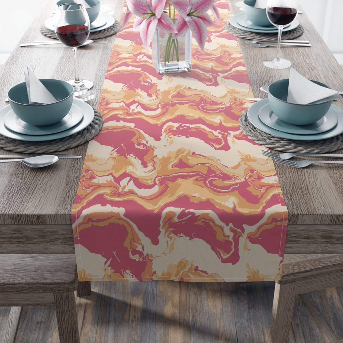 Camouflage Wavy Liquid Tie Dye Marble Pink Dining Table Runners - Image 5