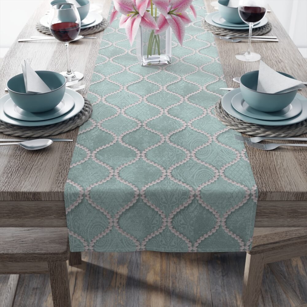 Mint Blue Wavy Line Pearls 4, 6 Seater Dining Table Runners - Image 5