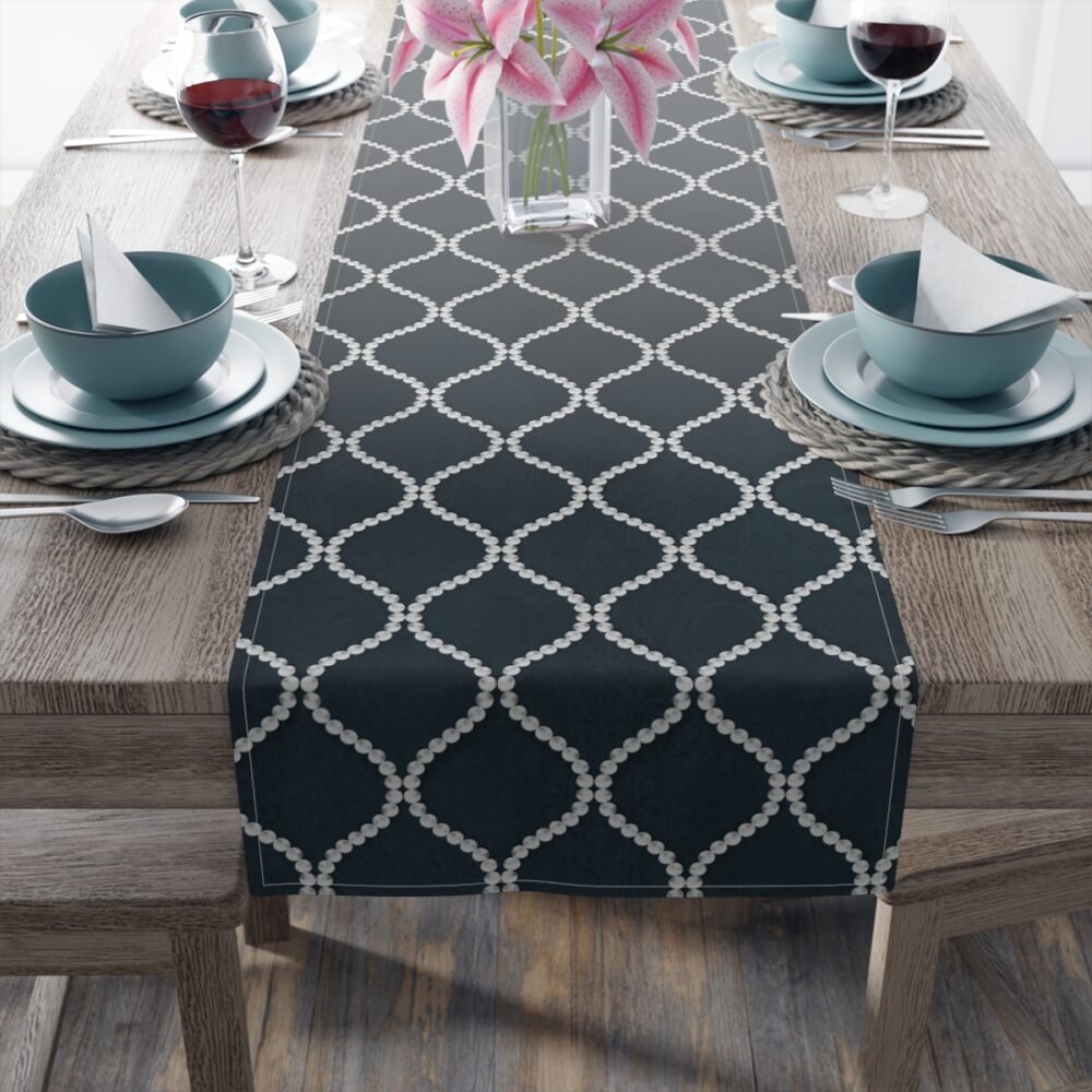 Abstract Wavy Line Pearls Navy Blue Table Runners - Image 5