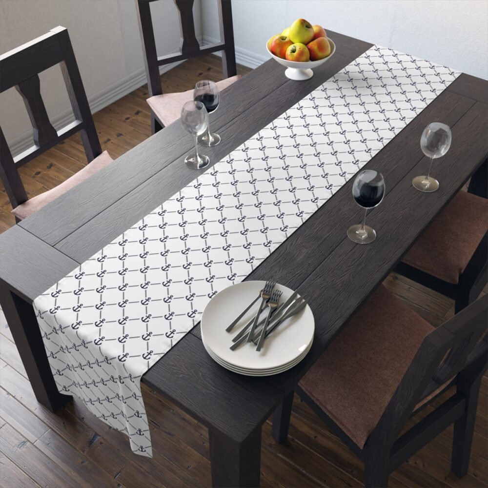 Nautical Marine Anchor Print on White Table Runners