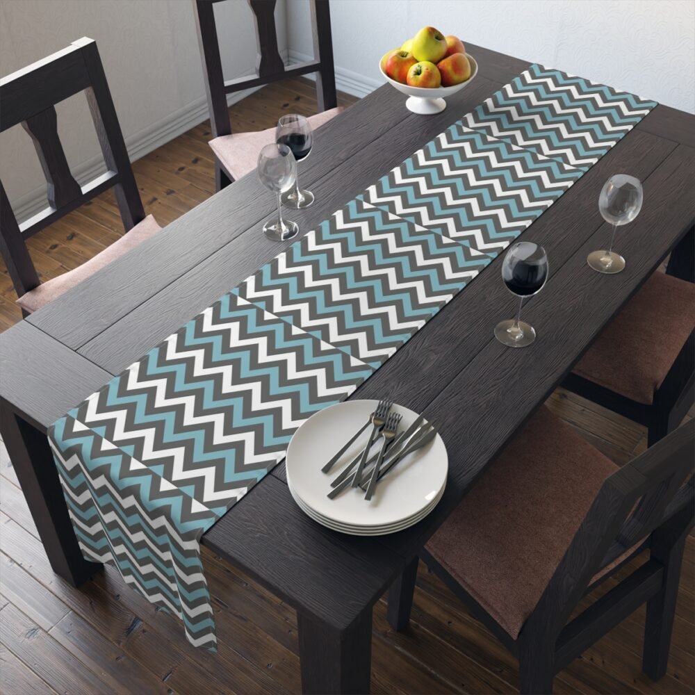 Printed White, Charcoal and Turquoise Chevron Table Runners