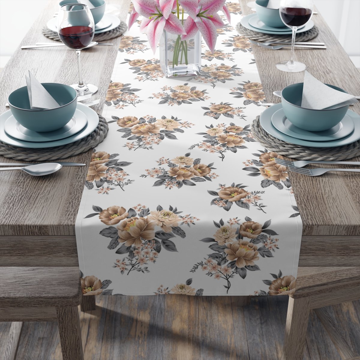 Brown Flower Print on White 4, 6 Seaters Table Runners - Image 20