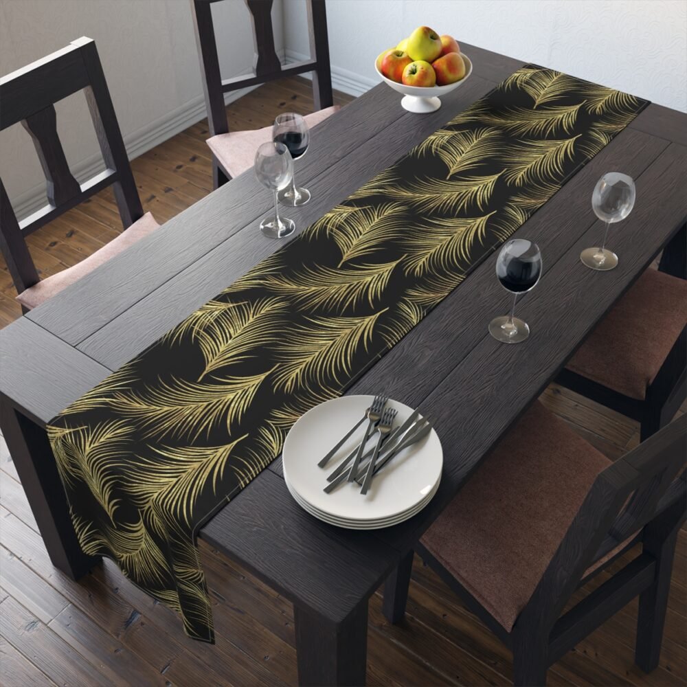 Art Deco Golden Palm Leaf Print on Black Dining Table Runners