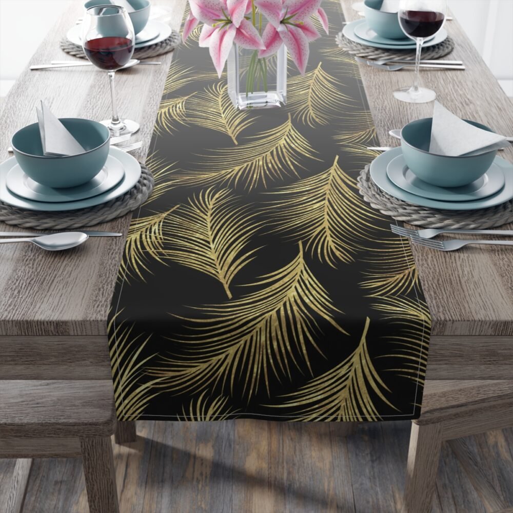 Art Deco Golden Palm Leaf Print on Black Dining Table Runners - Image 4