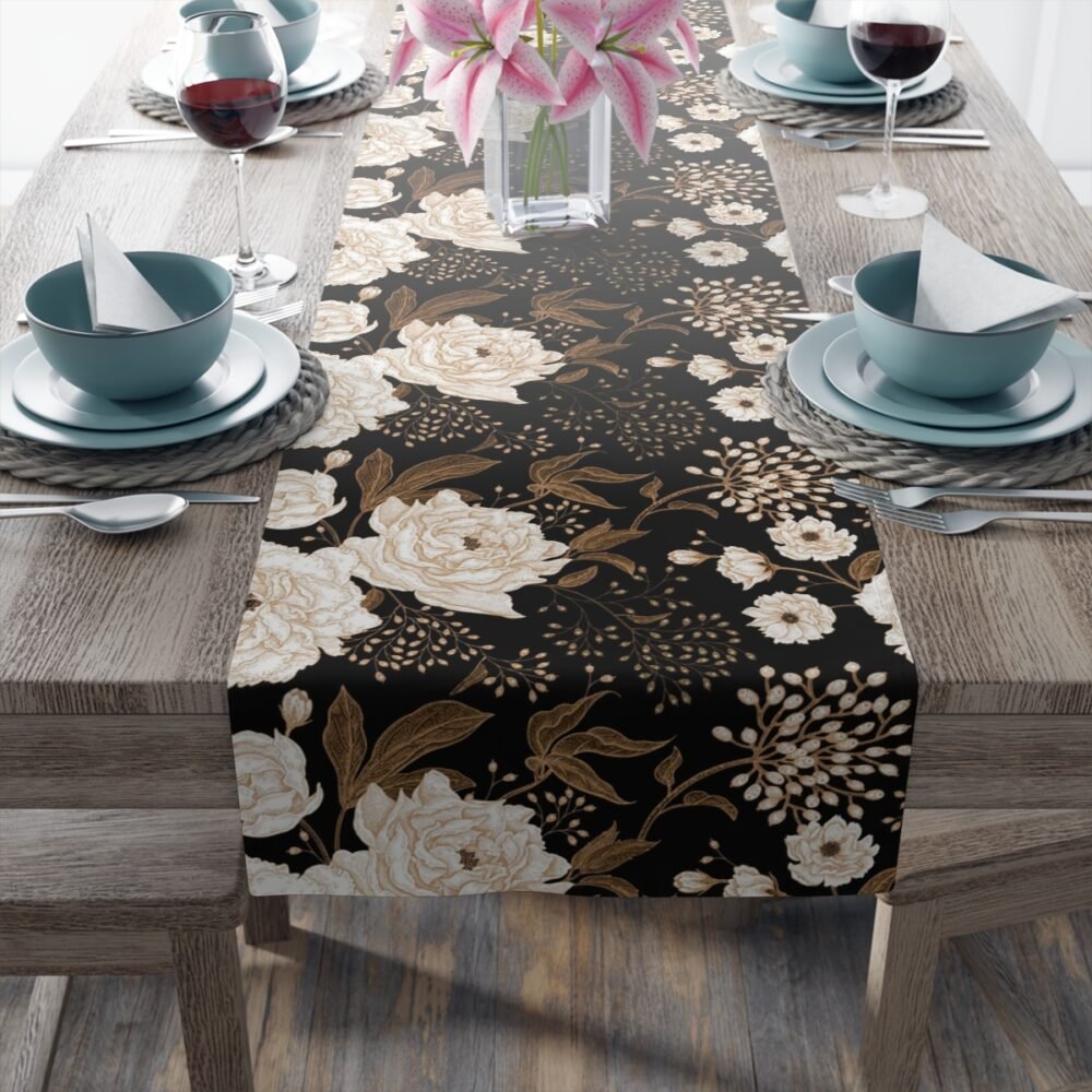Floral Gold and White Peonies and Roses Oriental Style Table Runners - Image 20