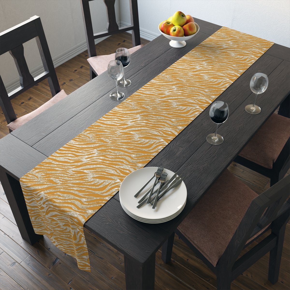 Mustard Yellow Tones Silver Glitter Zebra Striped Table Runners